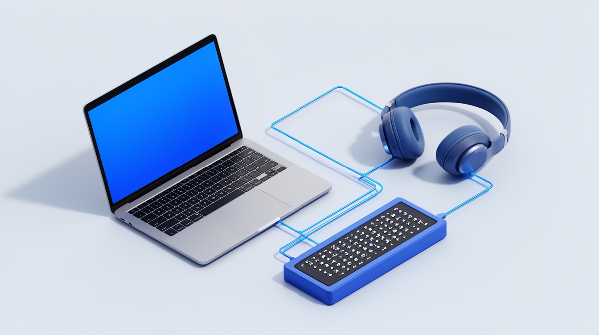 Ilustración isométrica de un portátil junto a una línea braille y unos auriculares, unidos por líneas finas