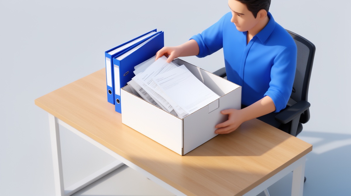 Person placing a ring binder and papers into a white cardboard storage box on a wooden desk.