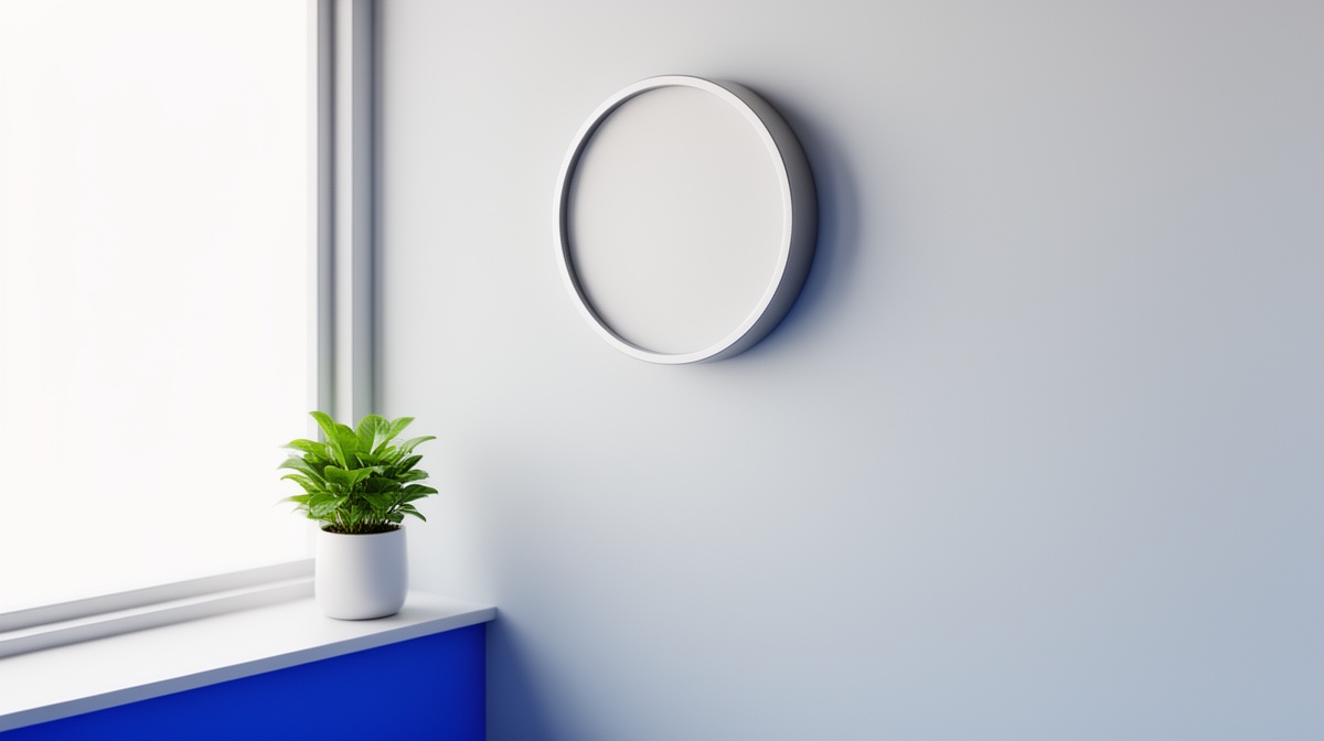 A wall clock on a pale wall with a small green plant on the windowsill beside it.