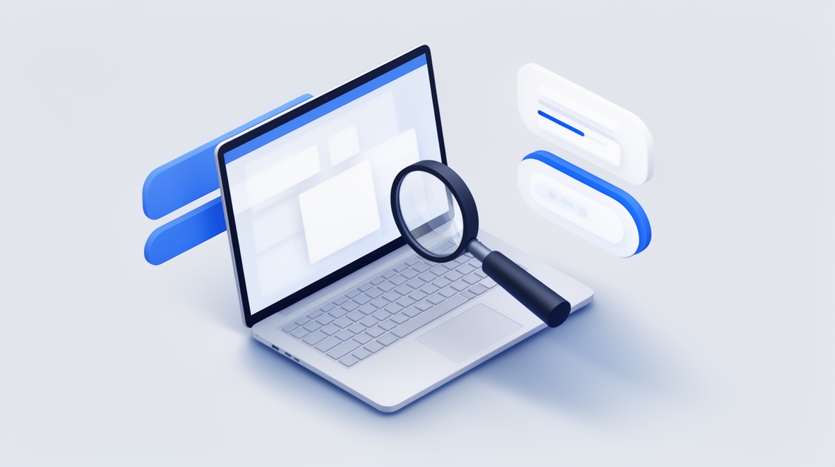 Isometric illustration of a laptop with a magnifying glass hovering over an abstract interface