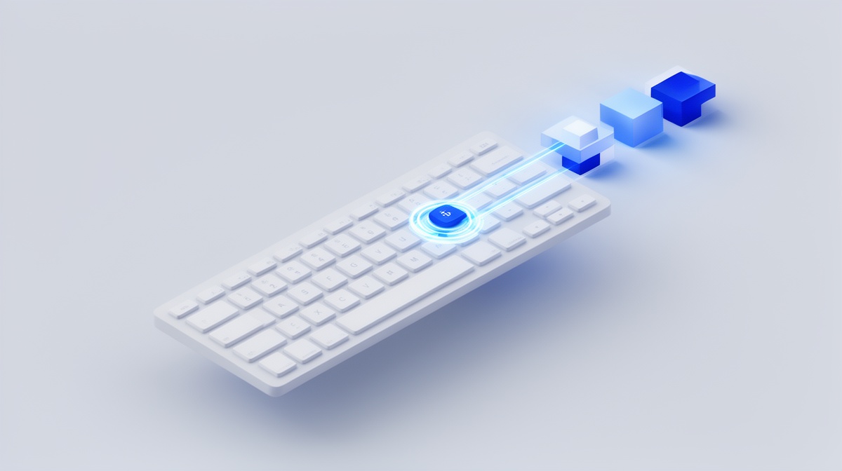Isometric illustration of a keyboard with a focus ring moving across abstract interface blocks
