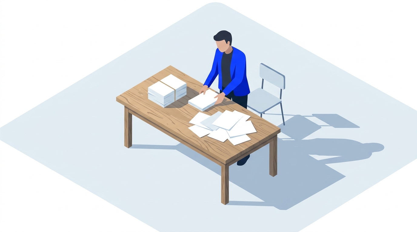 Sorting paper into two distinct piles on a desk