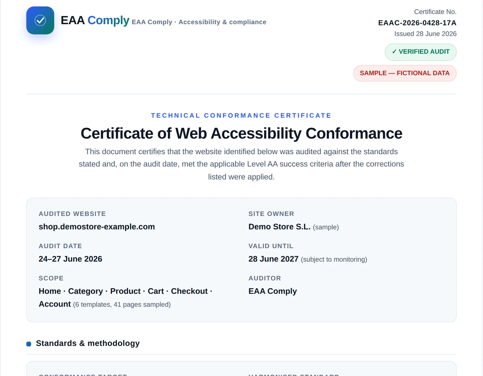 First page of the conformance certificate: certificate number, issue date, audited site, audit date, validity and scope.