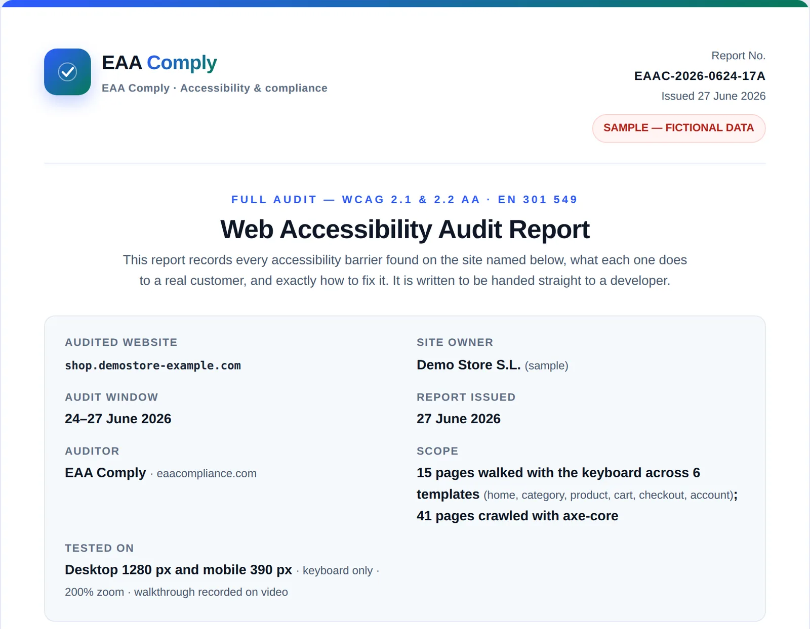 First page of the audit report: report number, issue date, audited site, audit period, scope of 15 pages across 6 templates and test environment.