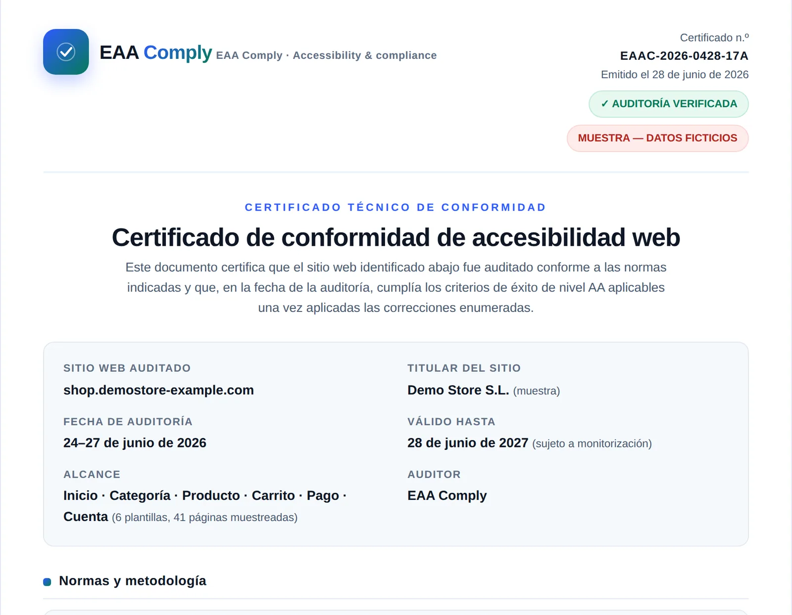 Primera página del certificado de conformidad: número de certificado, fecha de emisión, sitio auditado, fecha de auditoría, validez y alcance.