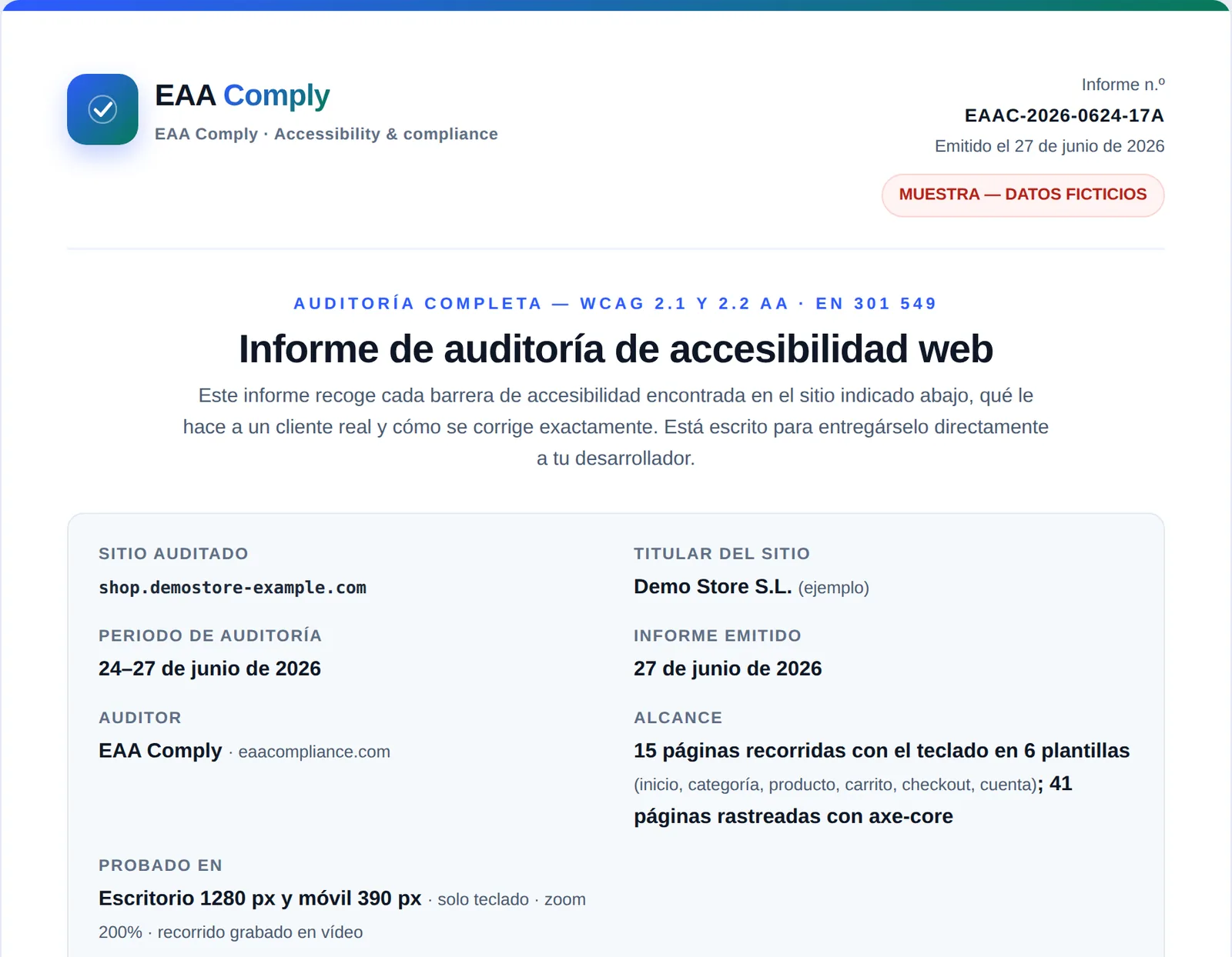 Primera página del informe de auditoría: número de informe, fecha de emisión, sitio auditado, periodo de auditoría, alcance de 15 páginas en 6 plantillas y entorno de pruebas.