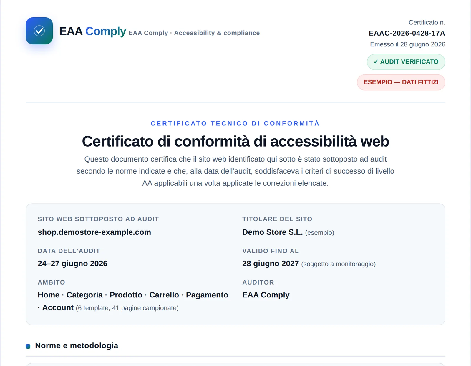 Prima pagina del certificato di conformità: numero del certificato, data di emissione, sito verificato, data dell’audit, validità e ambito.