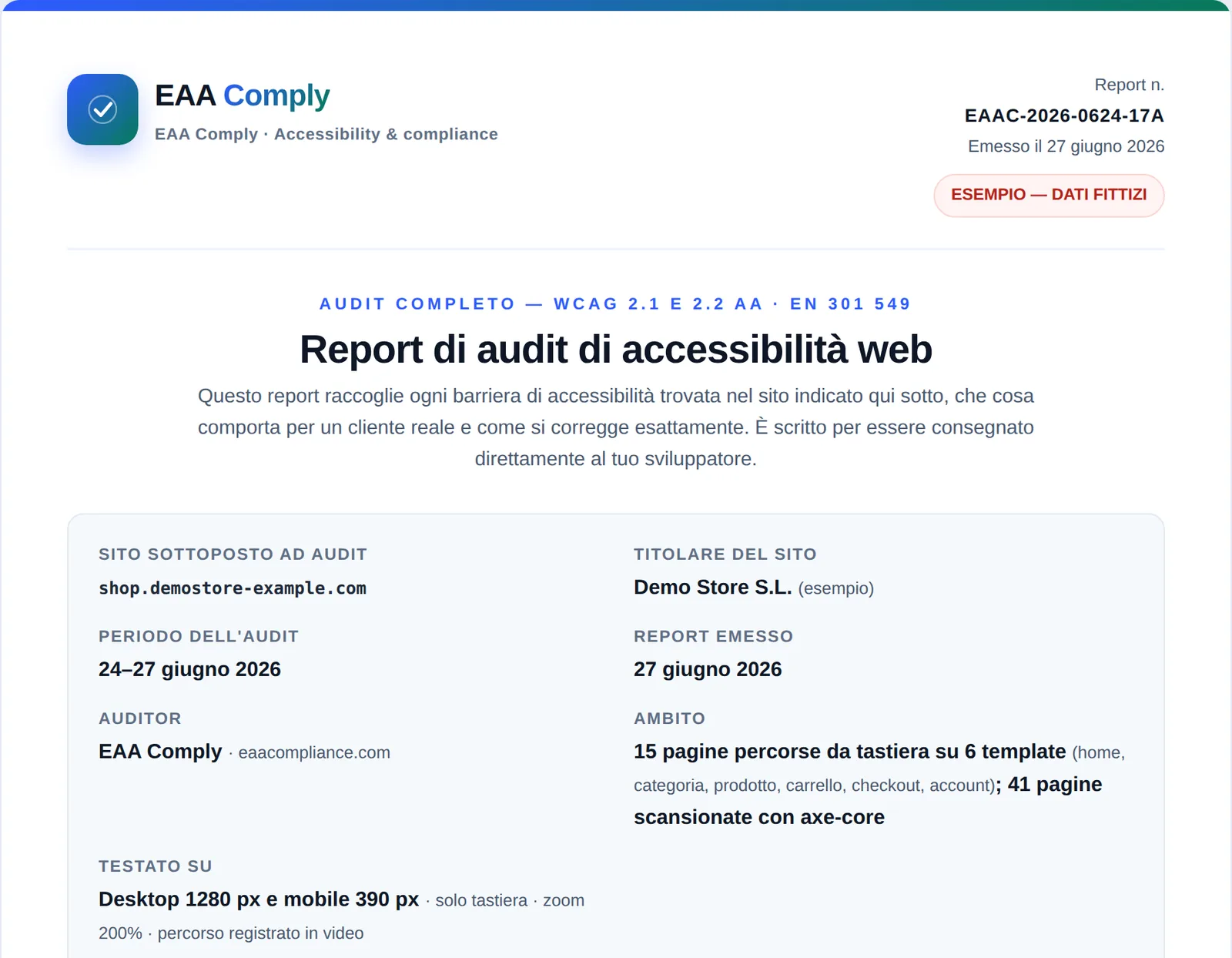 Prima pagina del rapporto di audit: numero del rapporto, data di emissione, sito verificato, periodo di audit, ambito di 15 pagine su 6 template e ambiente di prova.